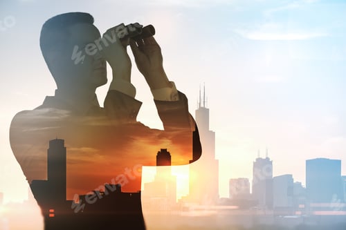 Preview: Abstract Silhouette Of Businessman With Binoculars Looking Into The Distance On Bright City