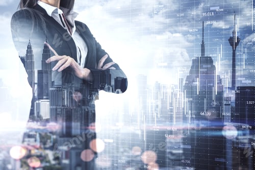Preview: Young Businesswoman With Folded Arms Standing On Blurry City Background With Forex. Work And Trade