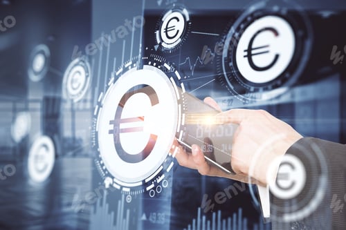 Preview: Businessman Hand Using Tablet With Euro Symbol And Business Infographic On Virtal Screen. Business