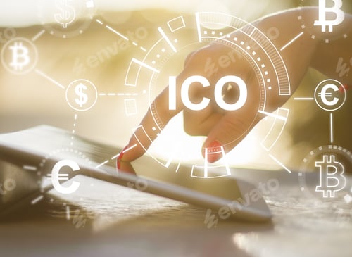 Preview: Side View Of Female Hand Using Tablet With Ico Hologram. Double Exposure