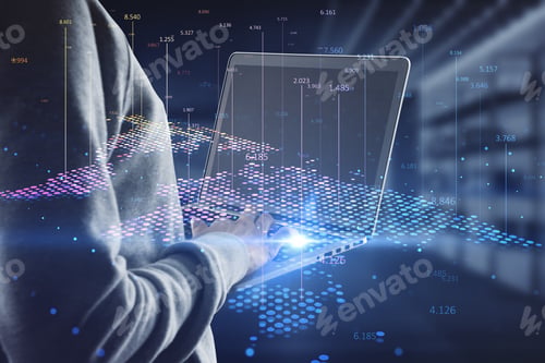 Preview: Hacker Hand Using Laptop With Abstract Digital Map And Index Lines On Blurry Interior Background