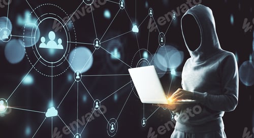 Preview: Hacker Using Laptop With Glowing Human Resource Interface. Communication And Malware Concept.
