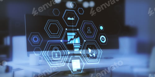 Preview: Close Up Of Office Workspace With Computer Monitor And Creative Business Chart Hologram On Blurry