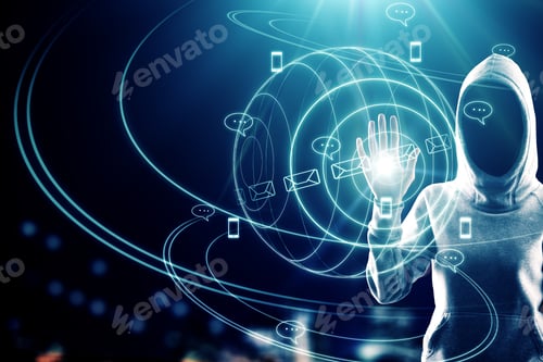 Preview: Hacker Hand Using Abstract Glowing Round Interface On Blurry Background. Hacking And Social Network