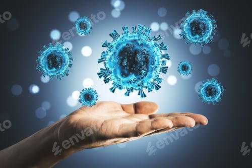 Preview: Hand Holding Close-Up Of Virus Cells Coronavirus 2019-Ncov. Coronavirus Helath Crisis Concept.