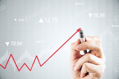 Preview: Hand Drawing Creative Upward Red Chart Arrow On Subtle Background. Increase And Stats Concept
