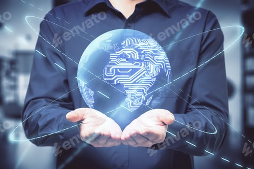 Preview: Big Data And Global Communication Concept With Man Hands And Digital Earth Planet With Microchip