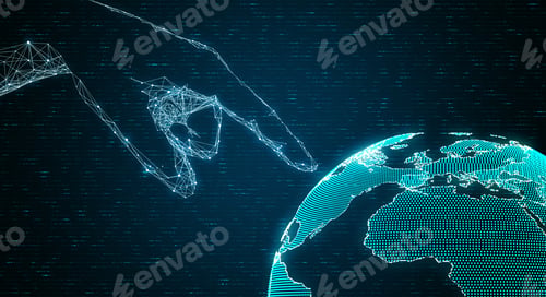 Preview: Abstract Digital Hand Pointing At Globe On Dark Coding Background. Ai And Technology Concept. 3D