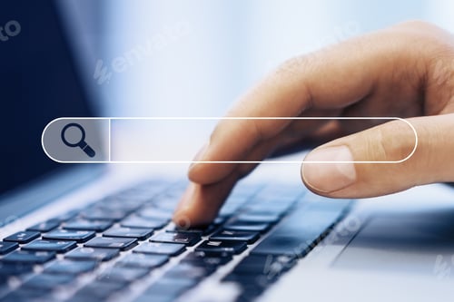 Preview: Close Up Of Hand Using Laptop On Blurry Background With Search Bar. Web Browser And Seo Concept