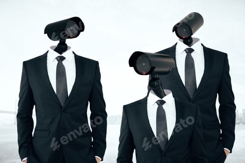 Preview: Three Businessmen In Suits With Cctv Cameras Instead Of Heads On Abstract City Background