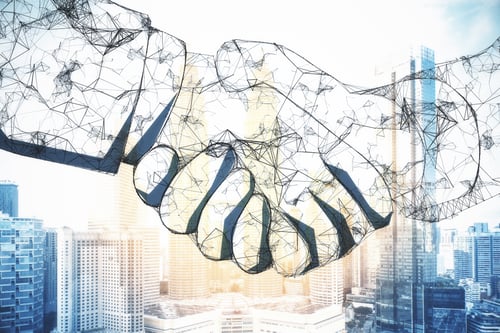 Preview: Polygonal Handshake On Blurry Modern City Background. Ai And Teamwork Concept. Multiexposure