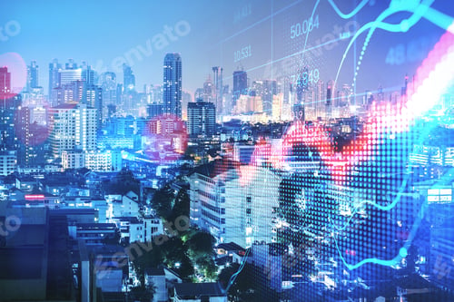 Preview: Abstract Red Forex Chart On Blurry Night City Wallpaper. Crisis And Collapse Concept. Double
