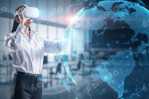 Preview: Cyberspace, Metaverse And Virtual Reality Concept With Handsome Young Woman In Vr Headset Projected