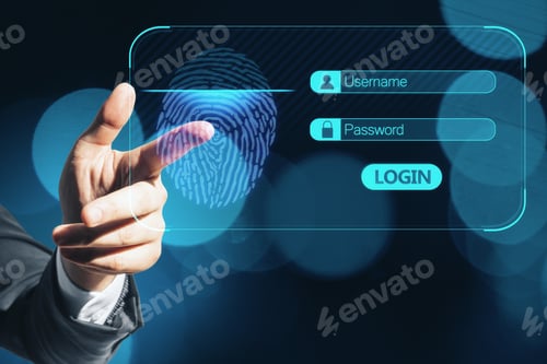 Preview: Close Up Of Businessman Hand Using Glowing Abstract Fingerprint Interface On Blurry Blue Bokeh