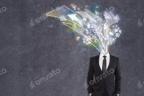 Preview: Business Sketch Headed Businessman In Suit Standing On Dark Background. Brainstorm And Finance