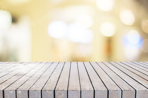 Preview: Empty Desktop On Blurry Bokeh Background. Copy Space. Montage Concept