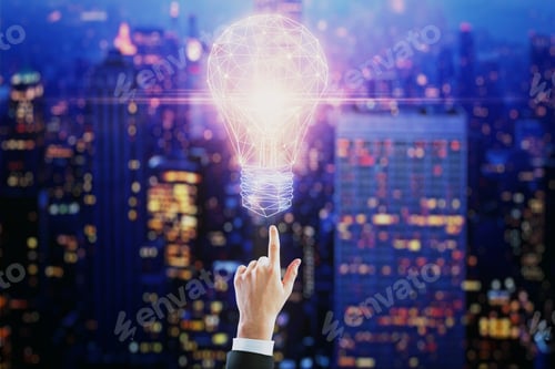 Preview: Hand Pointing At Glowing Polygonal Lamp On Blurry Night City Background. Innovation And Technology