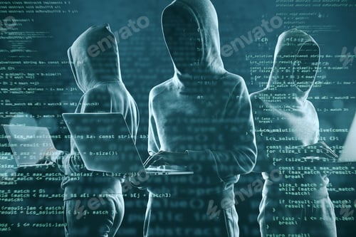 Preview: Image Of A Group Of Hackers In Hoodies Standing On Abstract Dark Coding Wallpaper. Malware