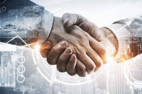Preview: Close Up Of Handshake On Abstract City Background With Forex Chart. Double Exposure. Business