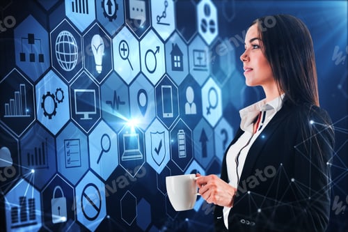 Preview: Attractive Young European Businesswoman With Digital Business Interface On Blurry Background