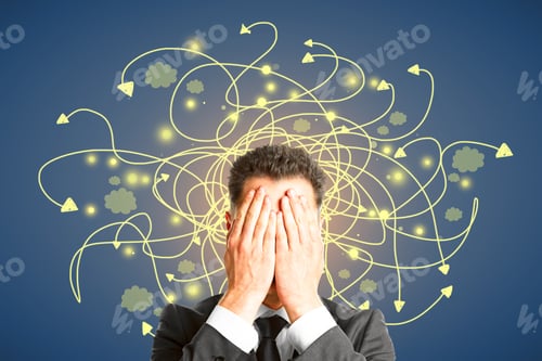 Preview: Portrait Of Attractive Young European Businessman Covering Eyes On Blue Background With Abstract