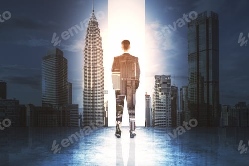 Preview: Back View Of Businessman Looking On Abstract City. Success And Future Concept. Double Exposure