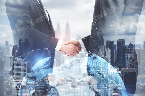 Preview: Businessmen Shaking Hands On Bright White City Background With Globe And Polygonal Connections