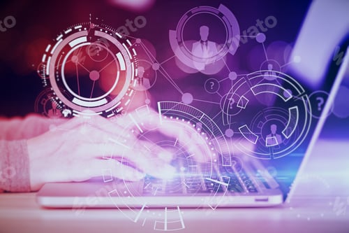 Preview: Side View Of Hands Typing On Laptop Keyboard With Abstract Digital Pattern. Technology Concept