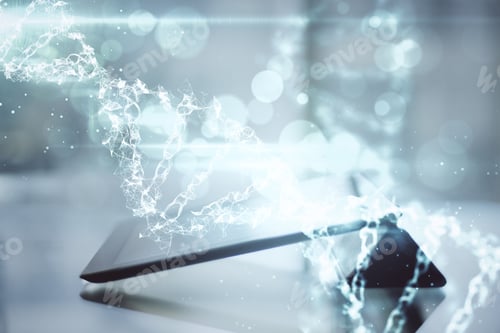 Preview: Digital Tablet With Dna Spiral Hologram. Technology And Trade Concept. Double Exposure