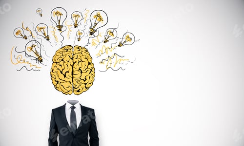 Preview: Abstract Headless Businessman With Creative Brain And Light Bulbs Sketch On White Background