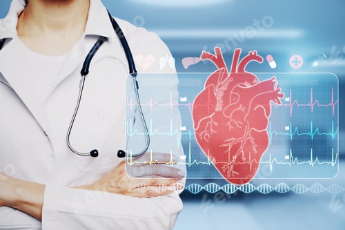 Preview: Close Up Of Woman Doctor With Stethoscope, Folded Arms And Abstract Glowing Medical Cardiology