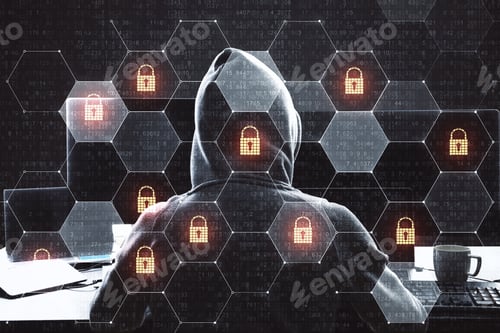 Preview: Cyber Attack In Process With Hacker Back And Digital Security Icons In Cells.Double Exposure.