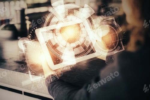 Preview: Woman Using Tablet Computer With Digital Business Hologram. Innovation Concept. Double Exposure