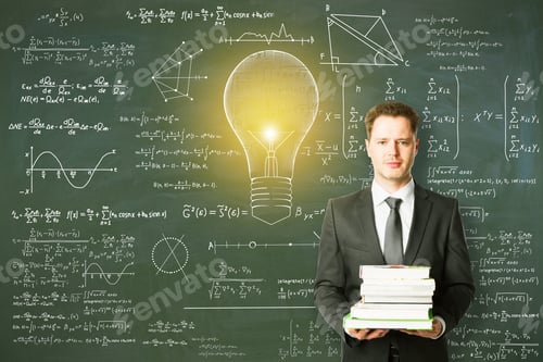 Preview: Attractive Young European Businessman Holding Books With Abstract Lamp Sketch With Mathematical