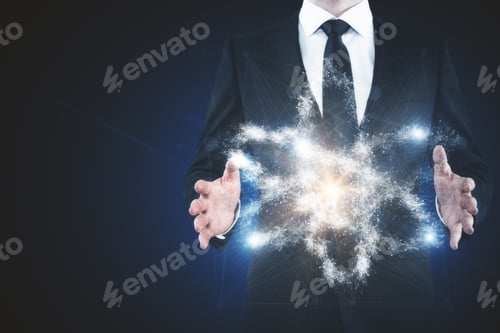 Preview: Businessman Holding Abstract Molecule On Dark Background. Element Concept