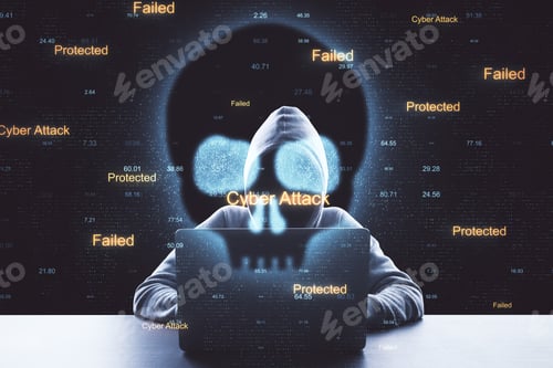 Preview: Hacker Using Laptop With Abstract Skull Shape. Hacking And Attack Concept. Multiexposure
