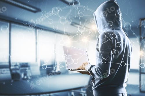 Preview: Hacker Using Laptop With Interface In Blurry Office Interior. Hacking And Security Concept. Double