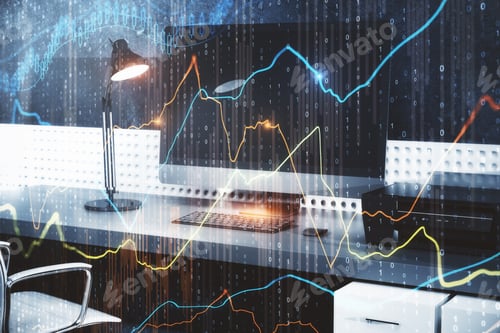 Preview: Close Up Of Workplace With Computer Monitor On Desktop And Forex Chart. Trading And Technology