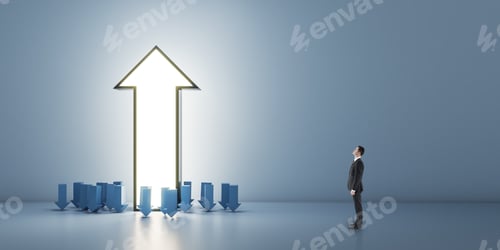 Preview: Businessman Looking At Huge Glowing Upward Arrow And Many Small Downward Facing Ones On Concrete