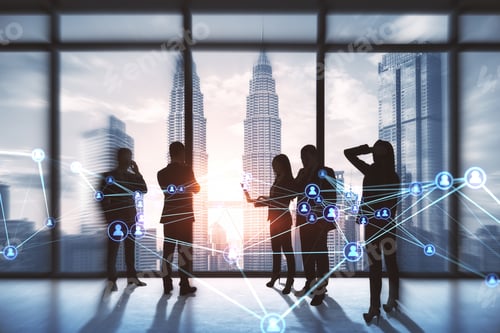 Preview: Businesspeople Working Together In Contemporary Office With Abstract Glowing Polygonal Network With