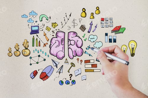 Preview: Hand Drawing Business Sketch On Light Concrete Background. Brainstorm And Plan Concept