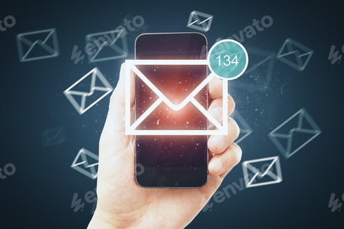 Preview: Hand With Smartphone And Digital Email Icon On Dark Background. Newsletter And App Concept