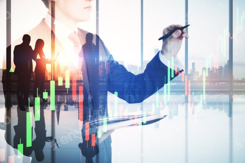 Preview: Abstract Image Of Business Man Using Laptop In Modern Office Interior With Panoramic City View