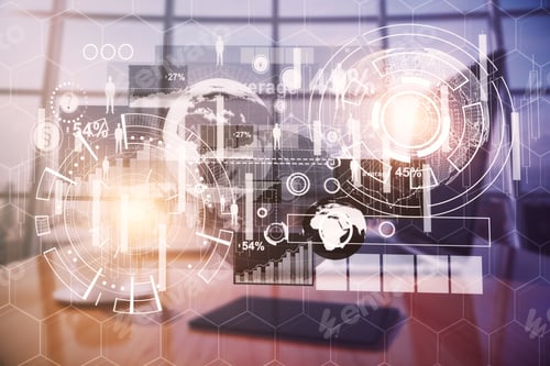 Preview: Workplace With Computer On Desktop And Abstract Business Hologram. Technology Concept. Double