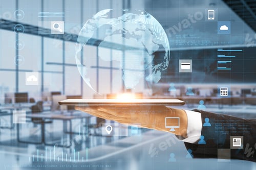 Preview: Close Up Of Businessman Hand Holding Tablet With Abstract Digital Social Globe Grid Hologram On