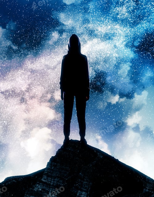 Preview: Back View Of Backlit Person On Cliff With Beautiful Starry Night Start With Clouds Background