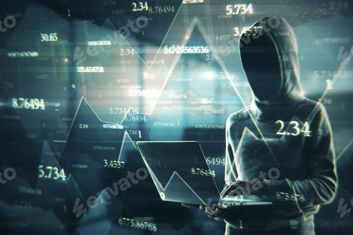 Preview: Side View Of Hacker Using Laptop With Abstract Big Data Interface On Blurry Background. Software