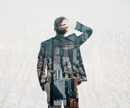 Preview: Back View Of Thoughtful Businessman On City Background. Research Concept. Double Exposure