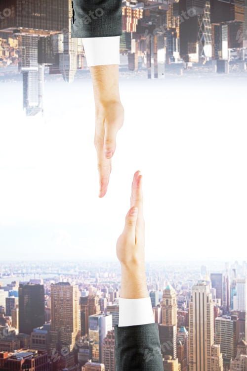 Preview: Two Businessman Hands On Abstract Upside Down City Background. Partnership Concept