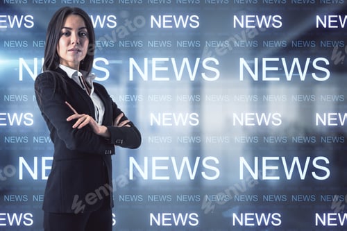 Preview: Attractive Young European Businesswoman With Folded Arms Standing In Blurry Office Interior With
